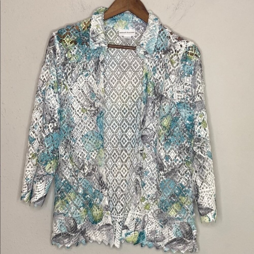Alfred Dunner Women's Size S Blue, Green, White & Gray Crochet Cardigan